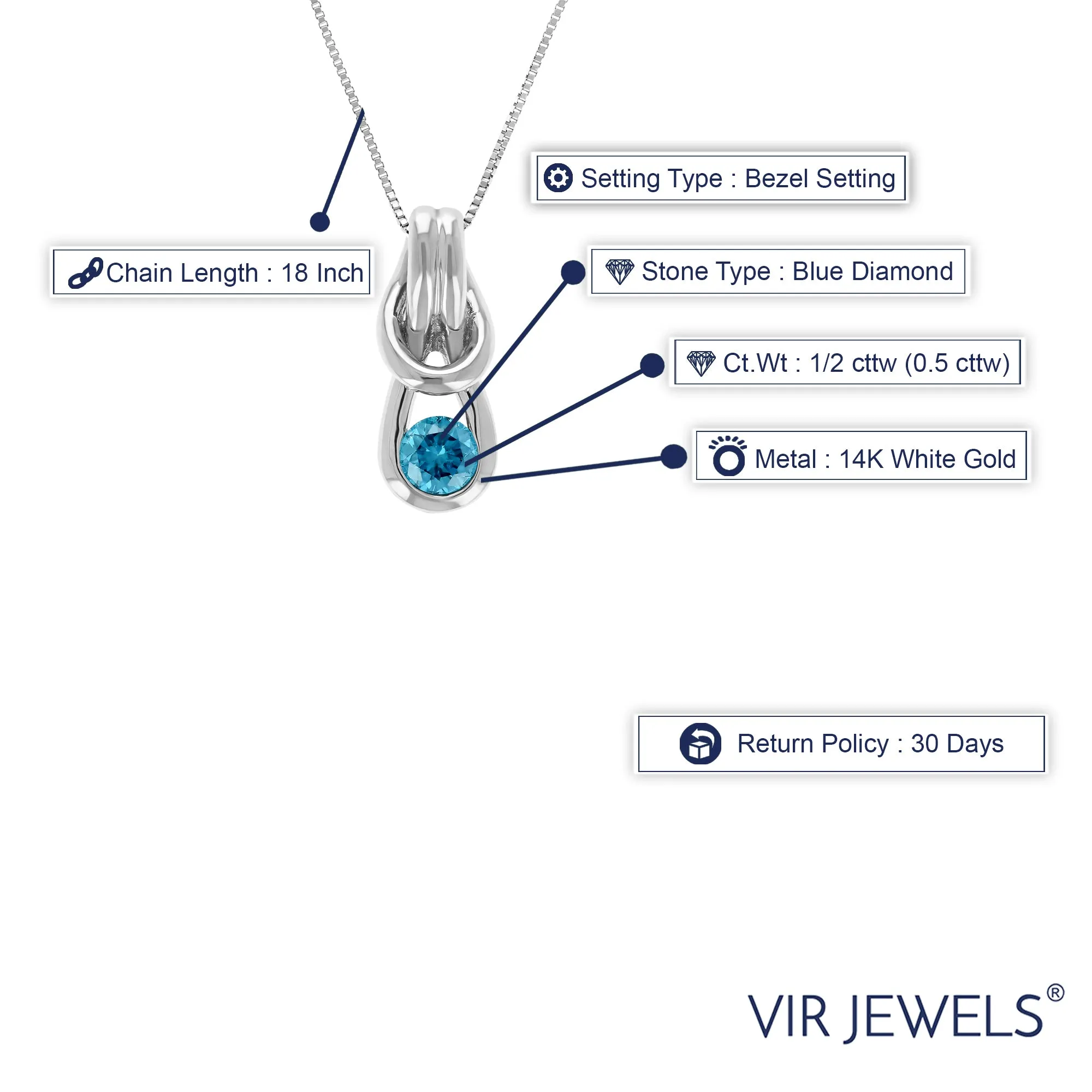 1/2 cttw Blue Diamond Tear Drop Pendant Necklace in 14K White Gold