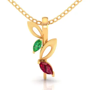 14k Gold Pendant With Stone Leaves And Hollow Leaves On A Twig Design