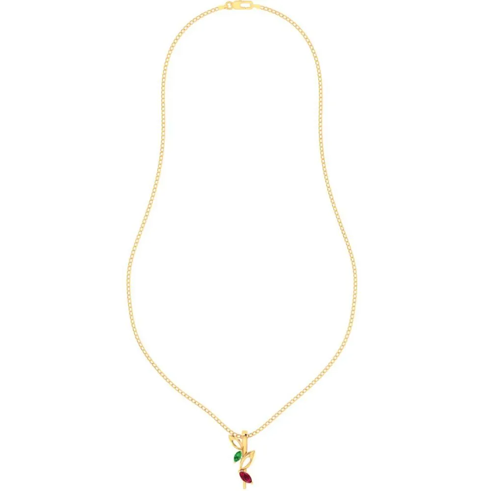 14k Gold Pendant With Stone Leaves And Hollow Leaves On A Twig Design