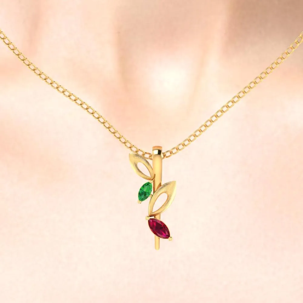 14k Gold Pendant With Stone Leaves And Hollow Leaves On A Twig Design