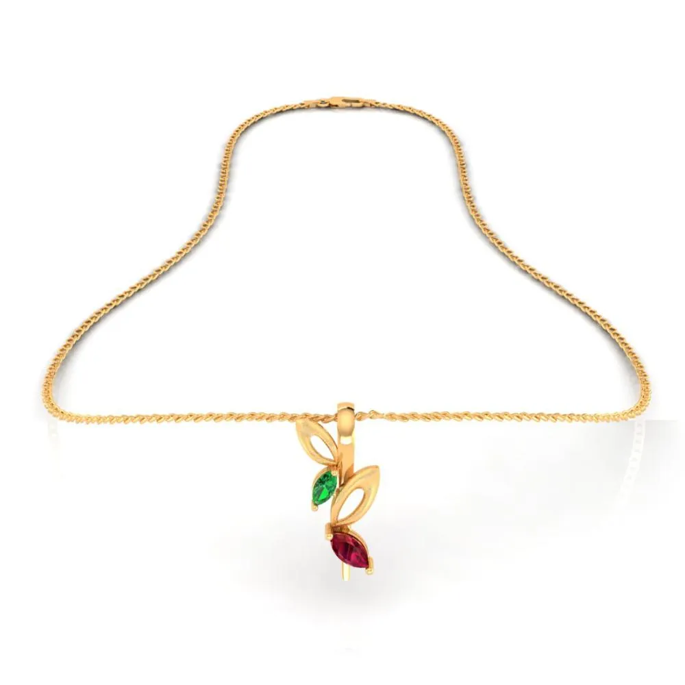 14k Gold Pendant With Stone Leaves And Hollow Leaves On A Twig Design