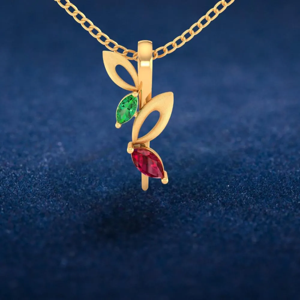 14k Gold Pendant With Stone Leaves And Hollow Leaves On A Twig Design