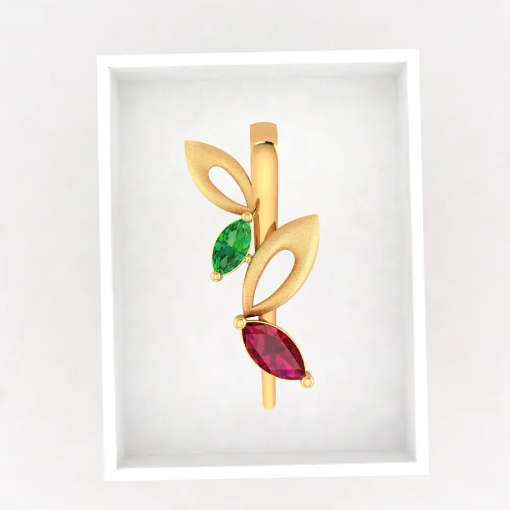 14k Gold Pendant With Stone Leaves And Hollow Leaves On A Twig Design