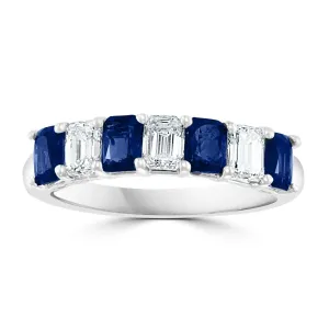 14K White Gold 1.69ctw Emerald Cut Blue Sapphire & Diamond Band