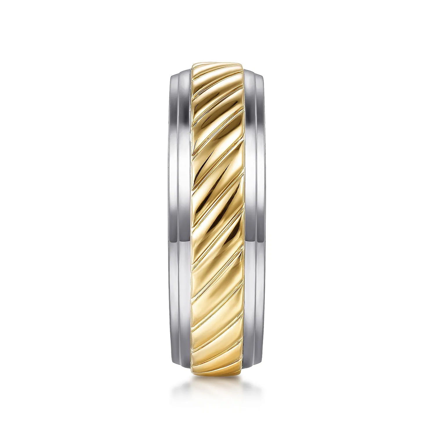 14K White-Yellow Gold 7mm - Rope Center and Polished Edge Men's Wedding Band in High Polished Finish