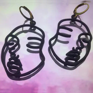Black Abstract Face Huggie Hoop Earrings