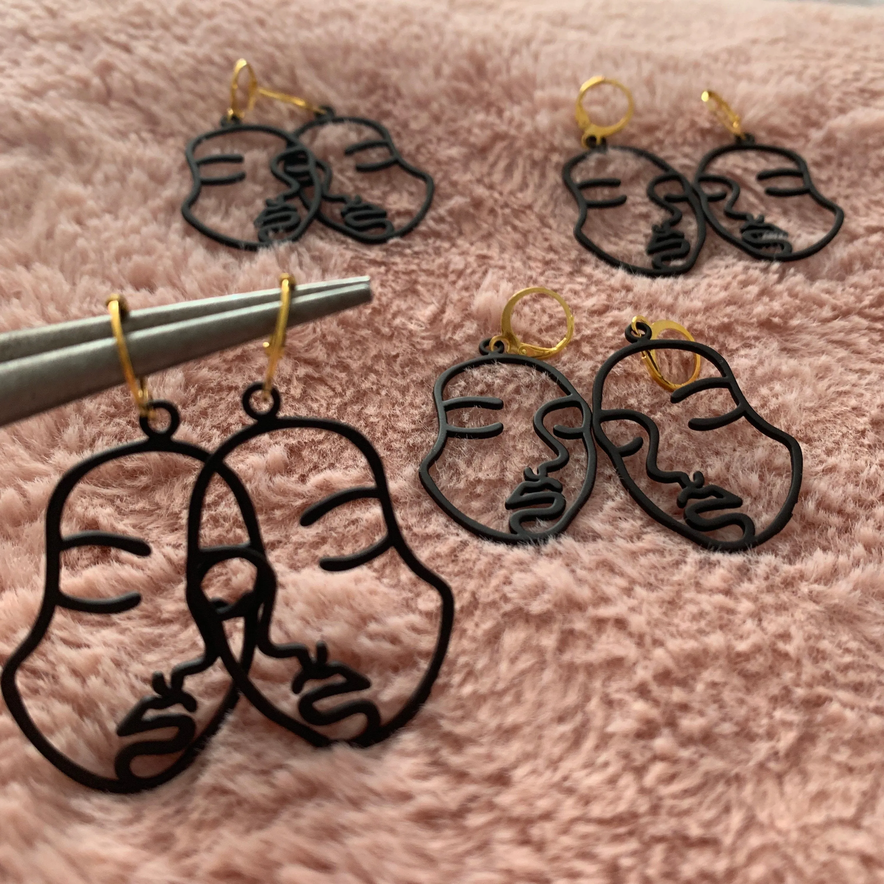 Black Abstract Face Huggie Hoop Earrings