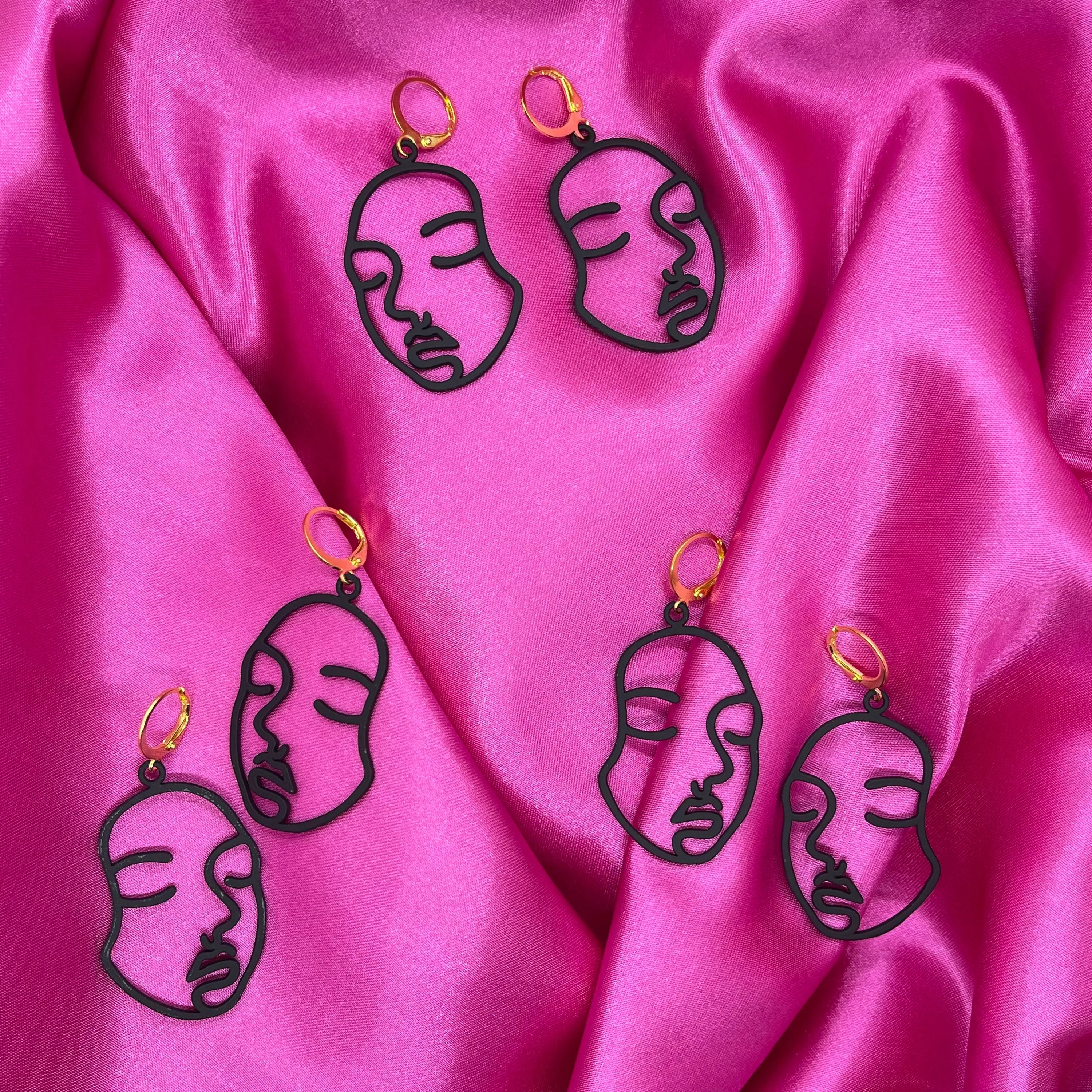 Black Abstract Face Huggie Hoop Earrings