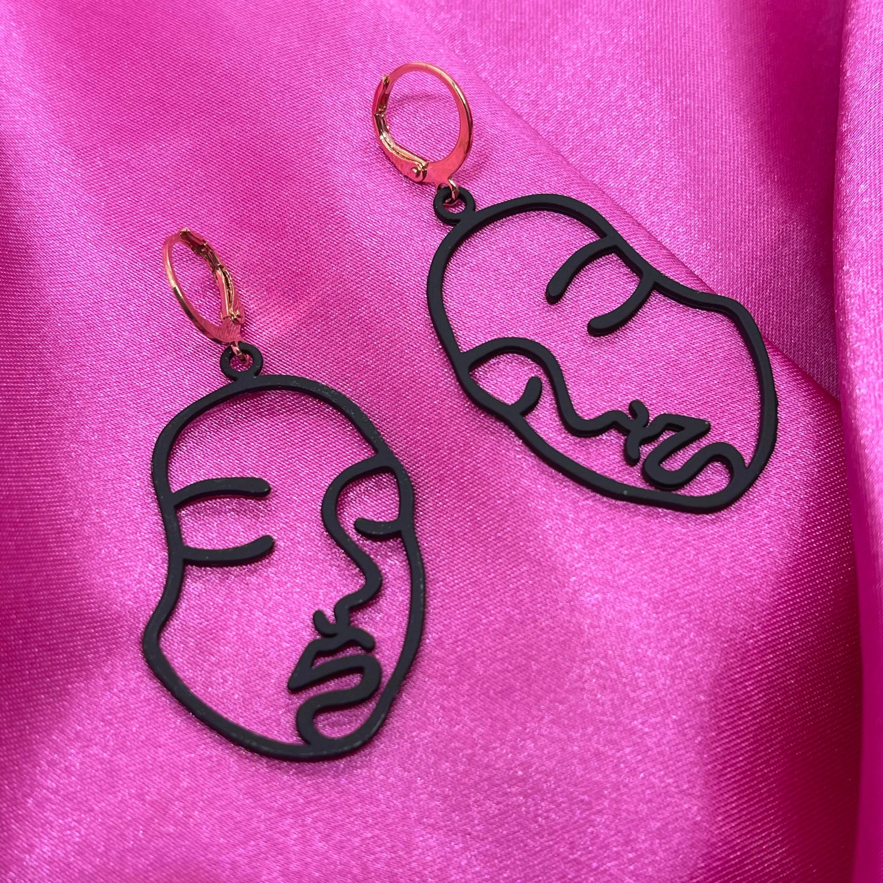 Black Abstract Face Huggie Hoop Earrings