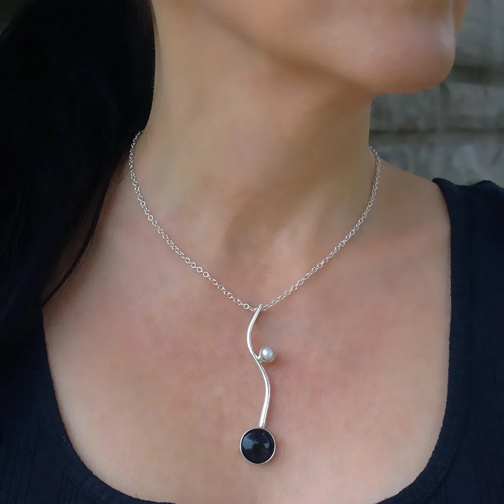 Black Obsidian and Pearl Stone Pendant Necklace