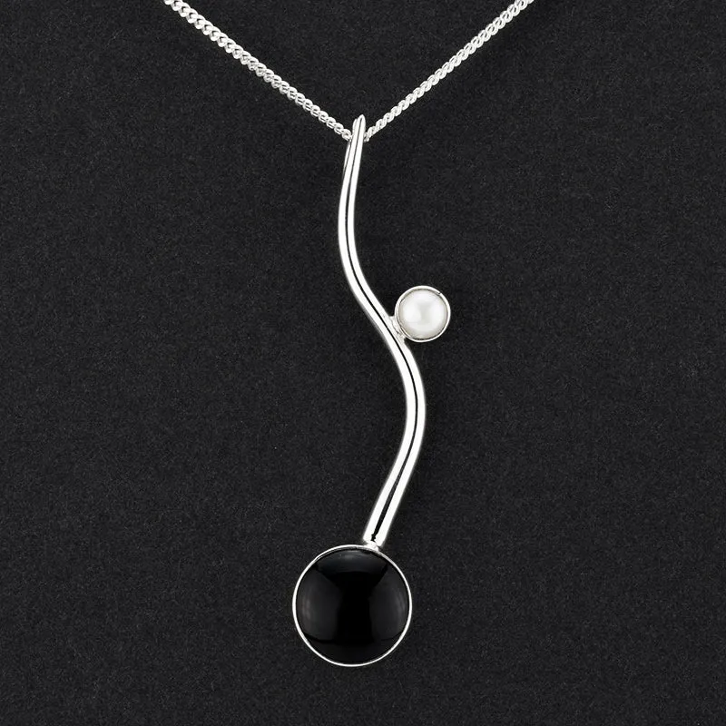 Black Obsidian and Pearl Stone Pendant Necklace