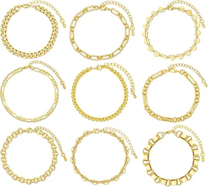 BOMAIL 9pcs Gold Bracelets for Women-14K Gold Plated Stackable Bracelet Stack Set Adjustable Trendy Thin Dainty Cuban Link Paperclip Chain