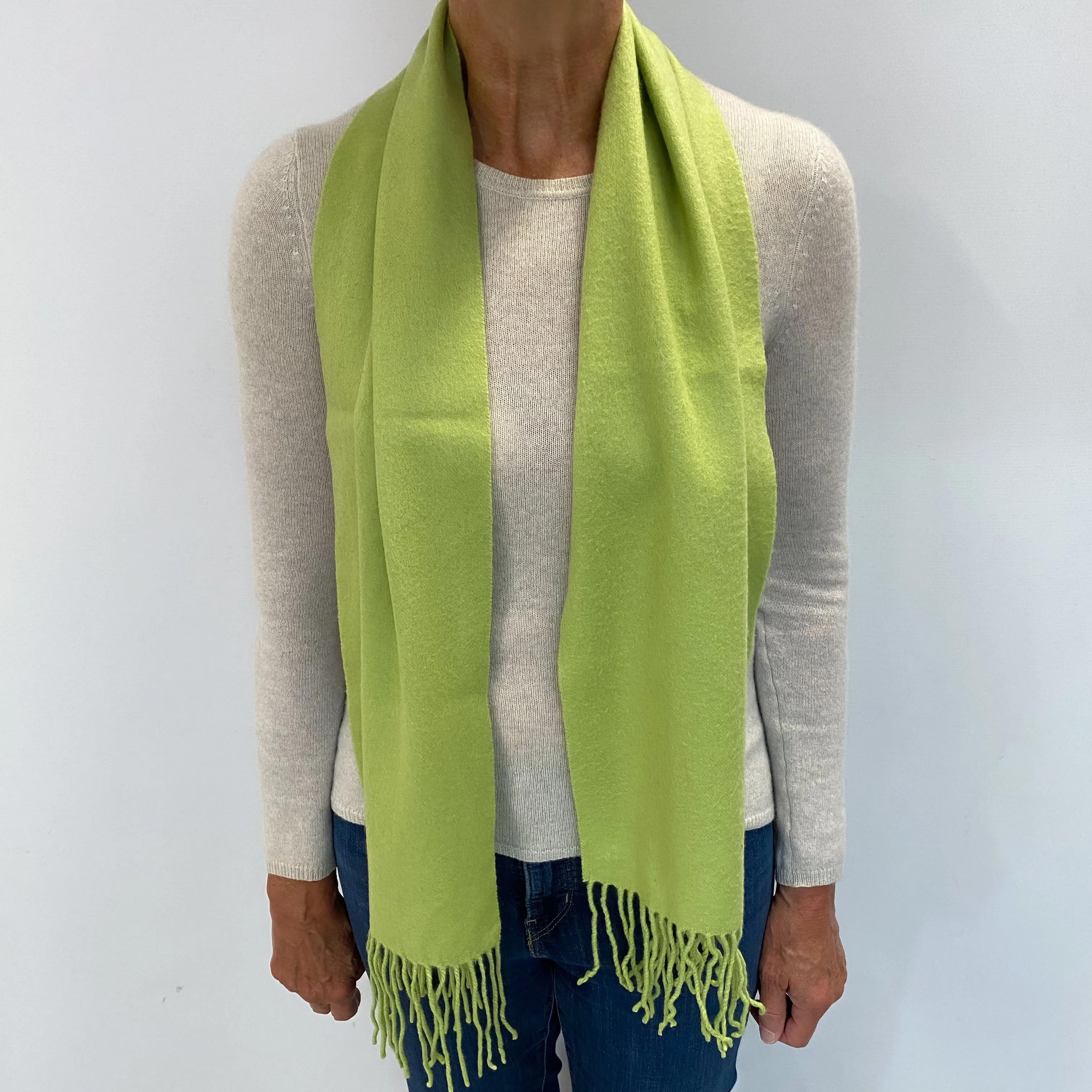 Bright Pistachio Green Cashmere Woven Fringed Scarf