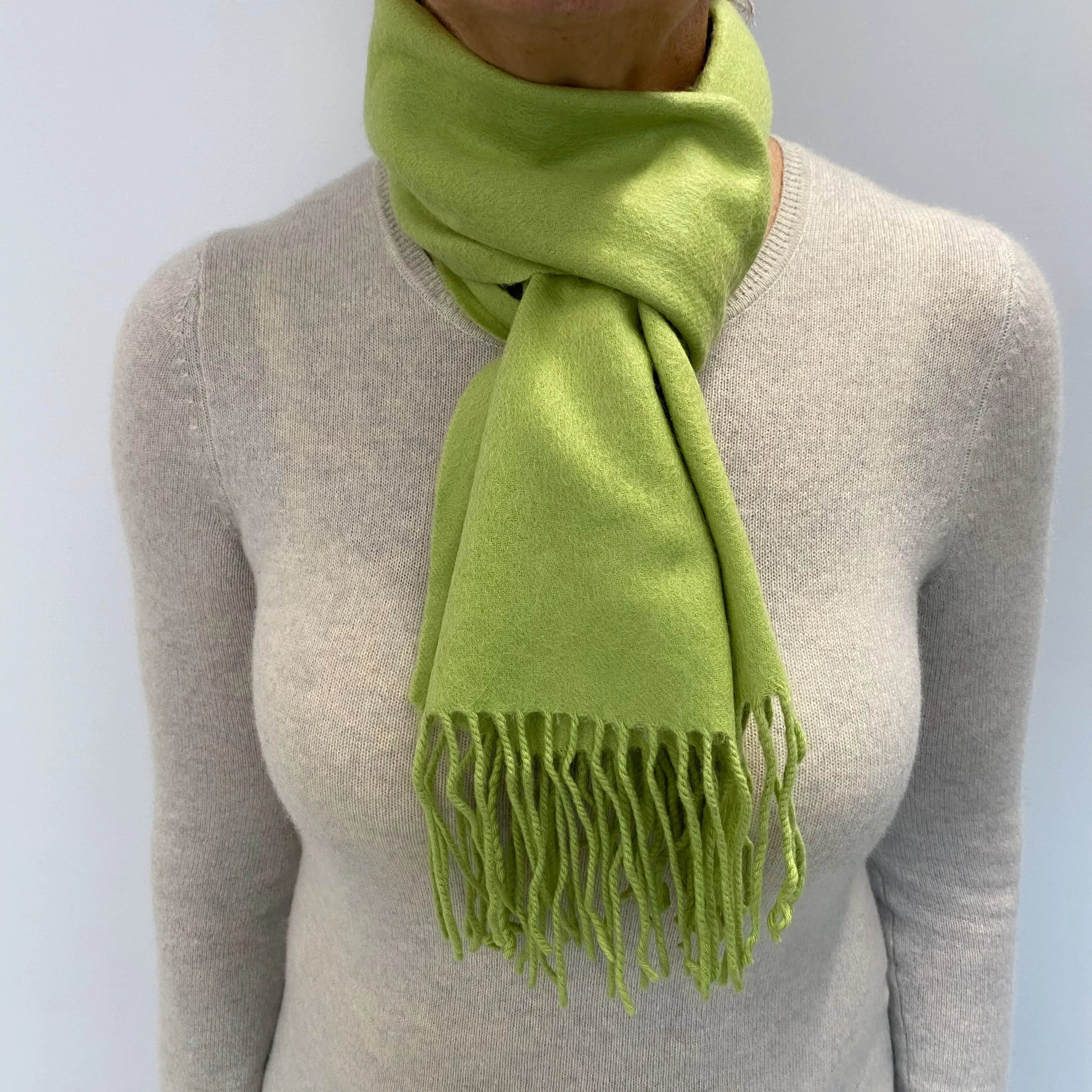 Bright Pistachio Green Cashmere Woven Fringed Scarf