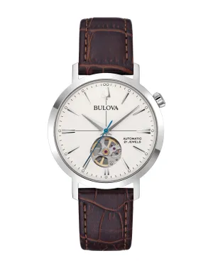 Bulova Classic Automatic Silver Tone Crown Watch with Gray Dial and Brown Leather Strap 96A318