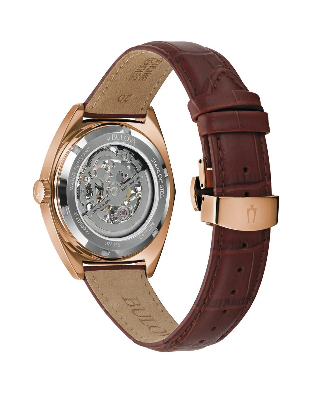 Bulova Men's Automatic Watch with Rose Gold Case and Brown Leather Strap 97A175