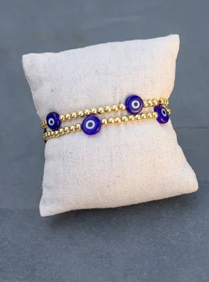Gold And Blue Evil Eye Bead Bracelet Set