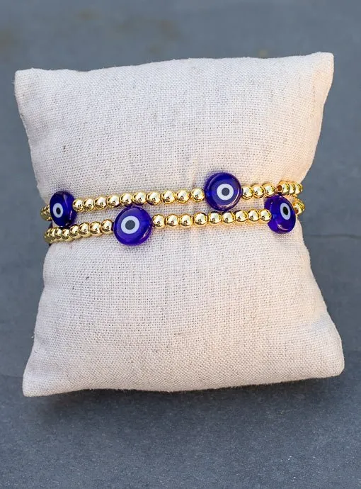 Gold And Blue Evil Eye Bead Bracelet Set