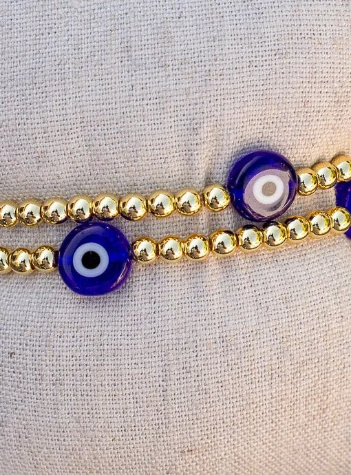 Gold And Blue Evil Eye Bead Bracelet Set