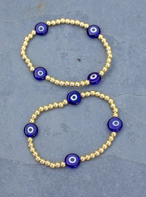Gold And Blue Evil Eye Bead Bracelet Set