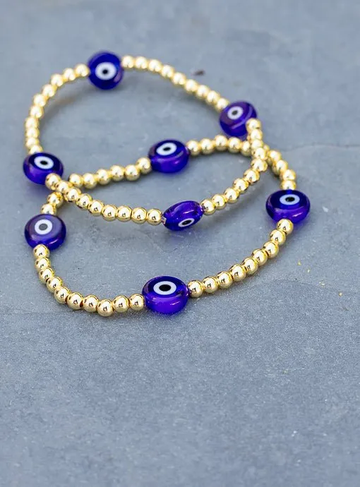 Gold And Blue Evil Eye Bead Bracelet Set