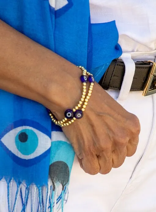 Gold And Blue Evil Eye Bead Bracelet Set