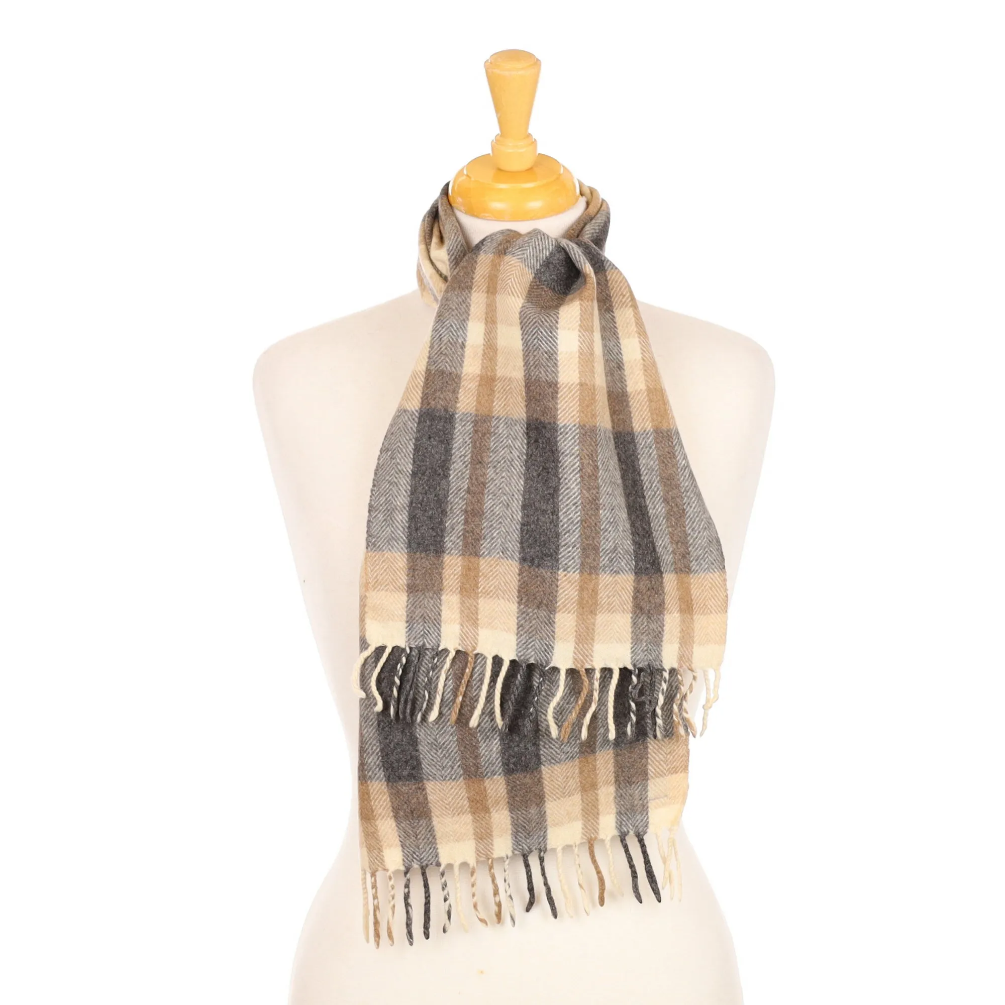 Grey and Mocha Brown Herringbone Cashmere Woven Scarf