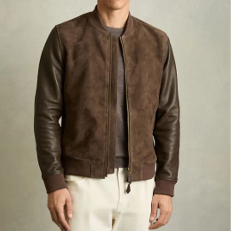 Men's Classic Casual Stand Collar Suede and Leather Jacket 27637143K