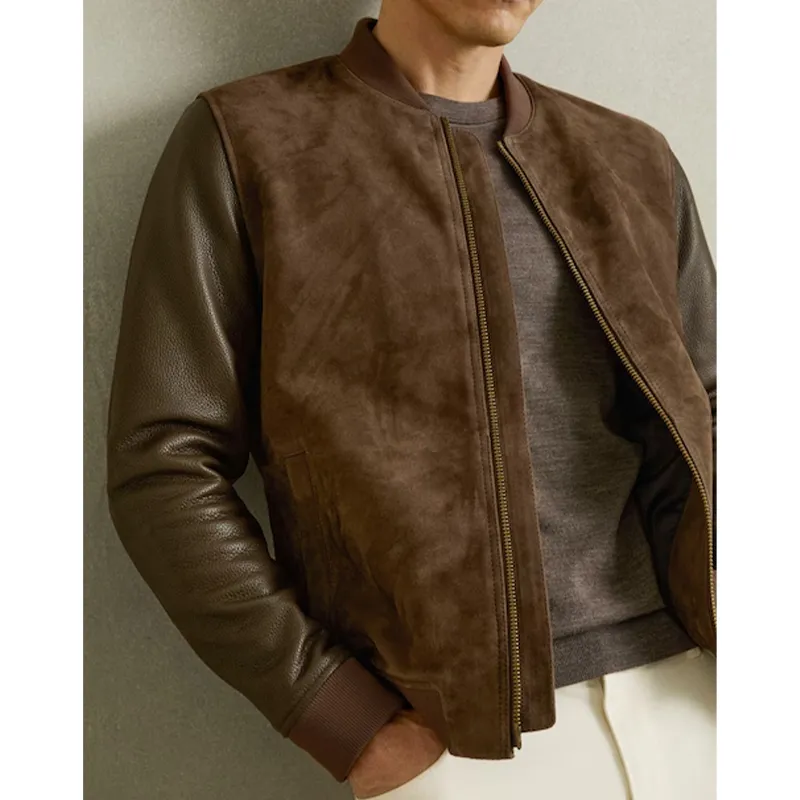 Men's Classic Casual Stand Collar Suede and Leather Jacket 27637143K