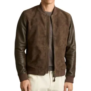 Men's Classic Casual Stand Collar Suede and Leather Jacket 27637143K