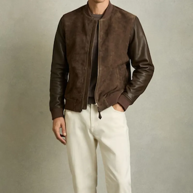 Men's Classic Casual Stand Collar Suede and Leather Jacket 27637143K