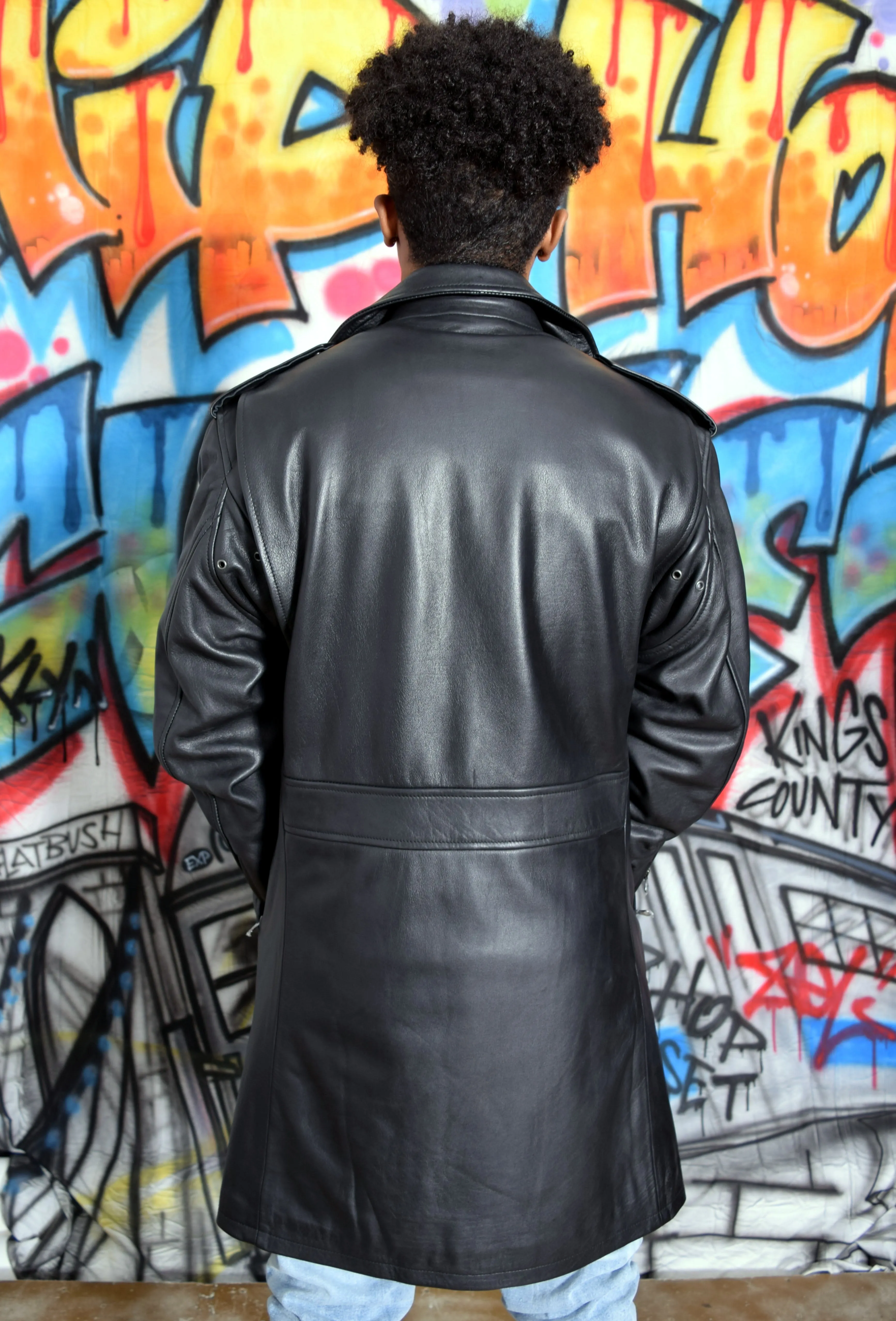 Men's Motorcycle Leather Zippered Racing Long Coat Style #3033