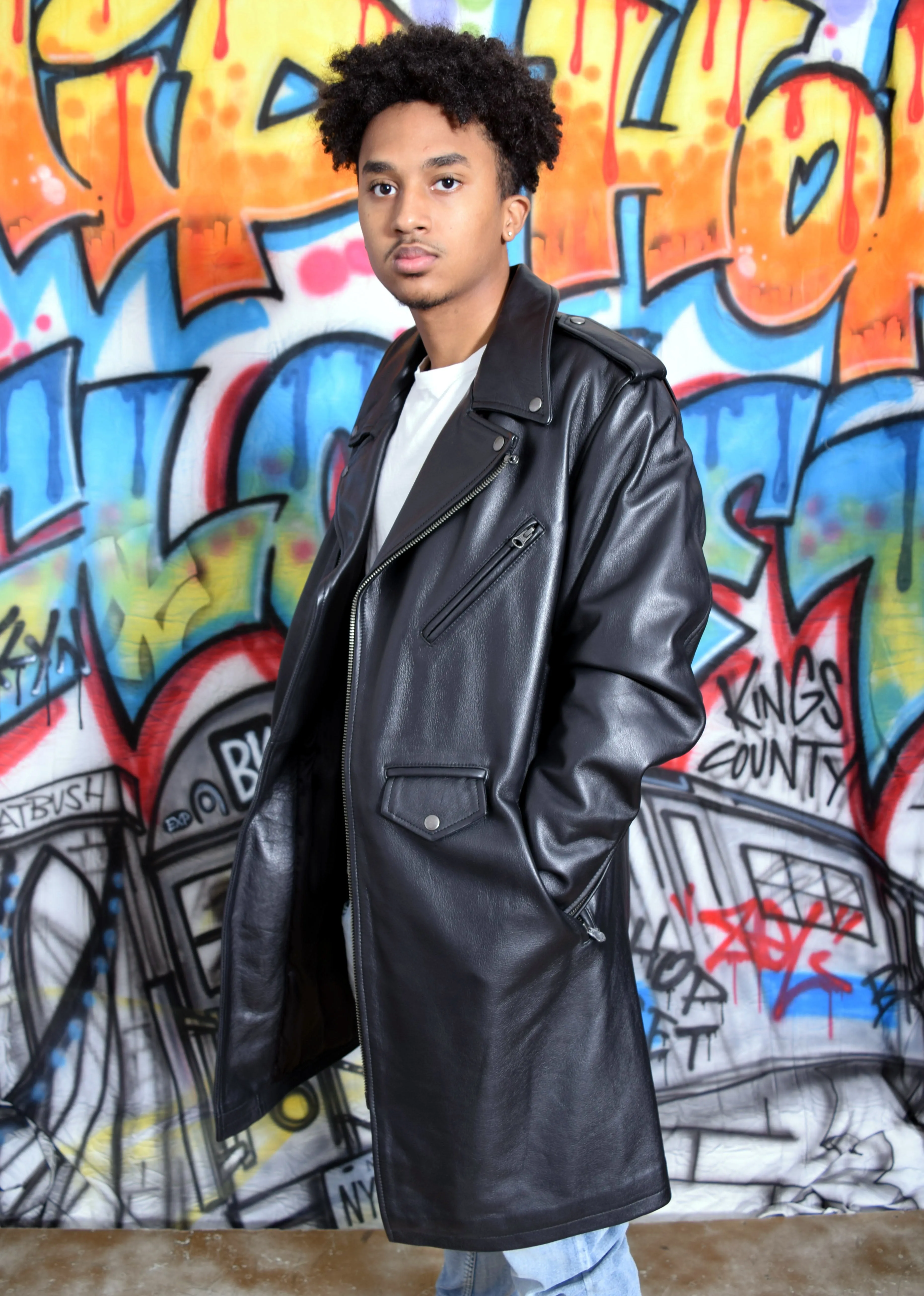 Men's Motorcycle Leather Zippered Racing Long Coat Style #3033