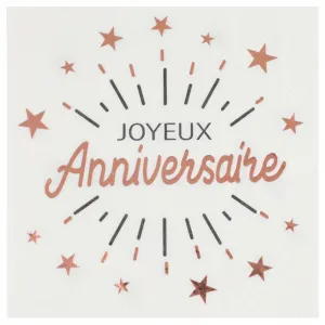 "Joyeux Anniversaire" Birthday Large Lunch Napkins, White and Rose Gold, 10 Count