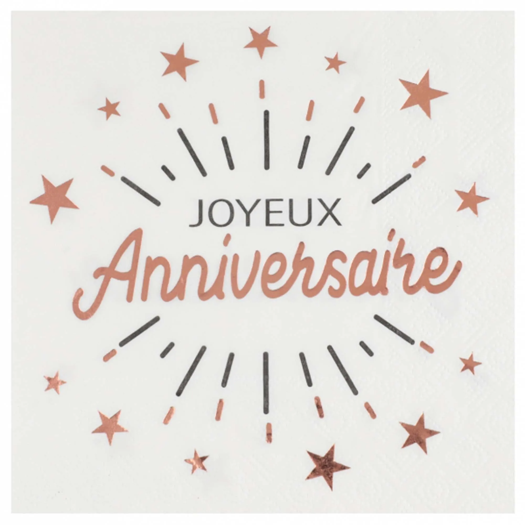 "Joyeux Anniversaire" Birthday Large Lunch Napkins, White and Rose Gold, 10 Count