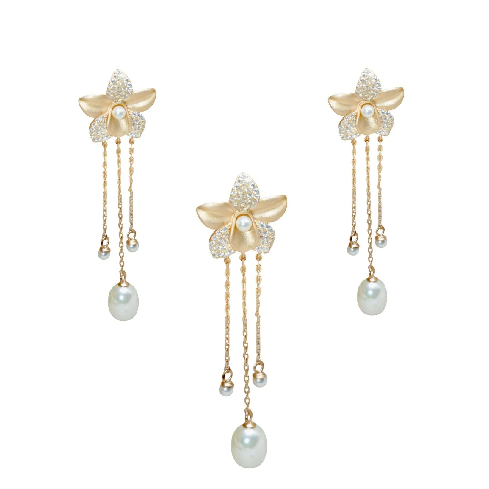Rose Gold Blooms: Floral Pearl Danglers Pendant Set