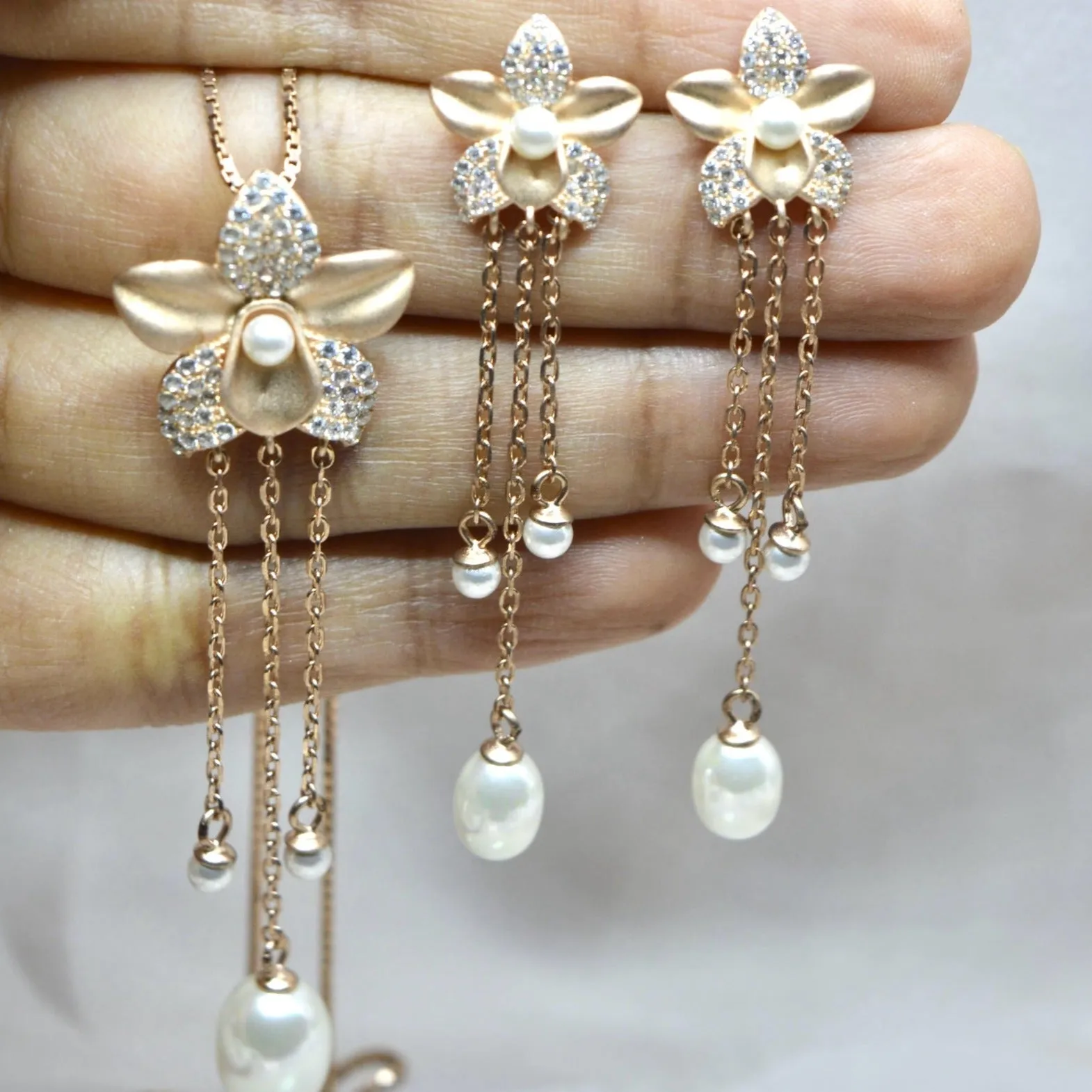 Rose Gold Blooms: Floral Pearl Danglers Pendant Set