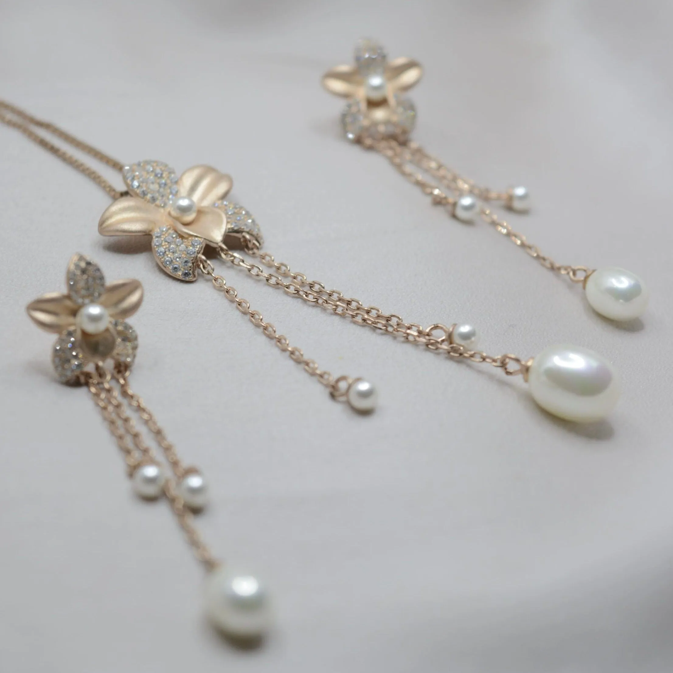 Rose Gold Blooms: Floral Pearl Danglers Pendant Set