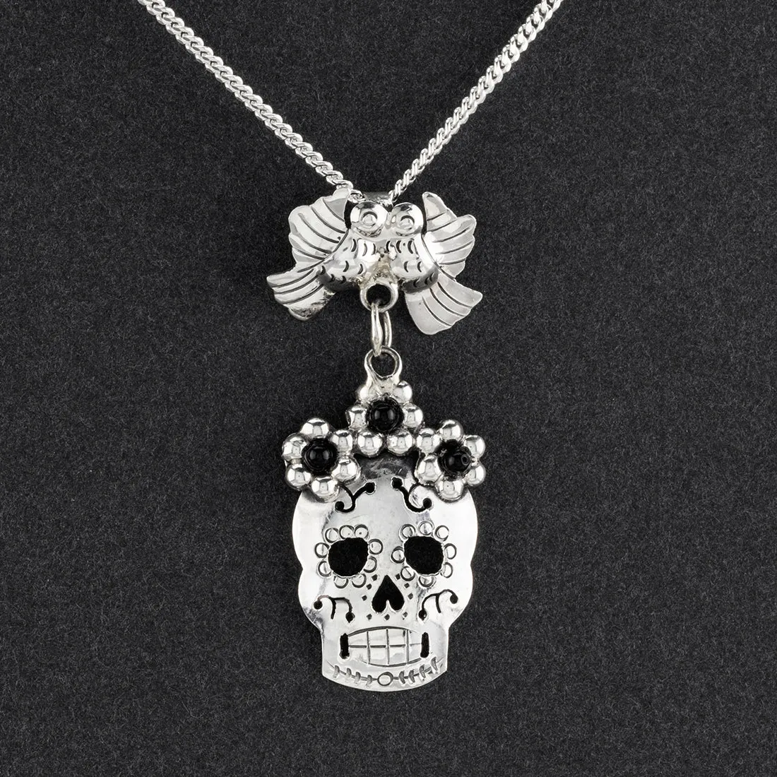 Taxco Silver and Onyx Sugar Skull Pendant