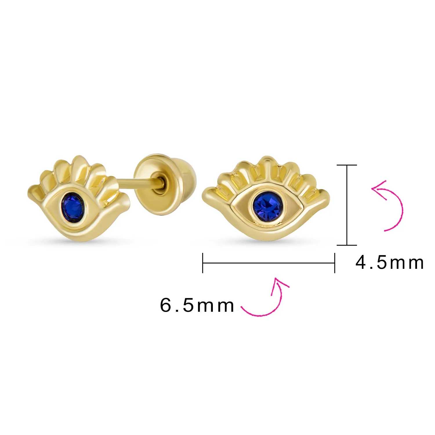 Unisex 10K Gold Blue CZ Evil Eye Stud Earrings for Ear Lobe Cartilage Protection