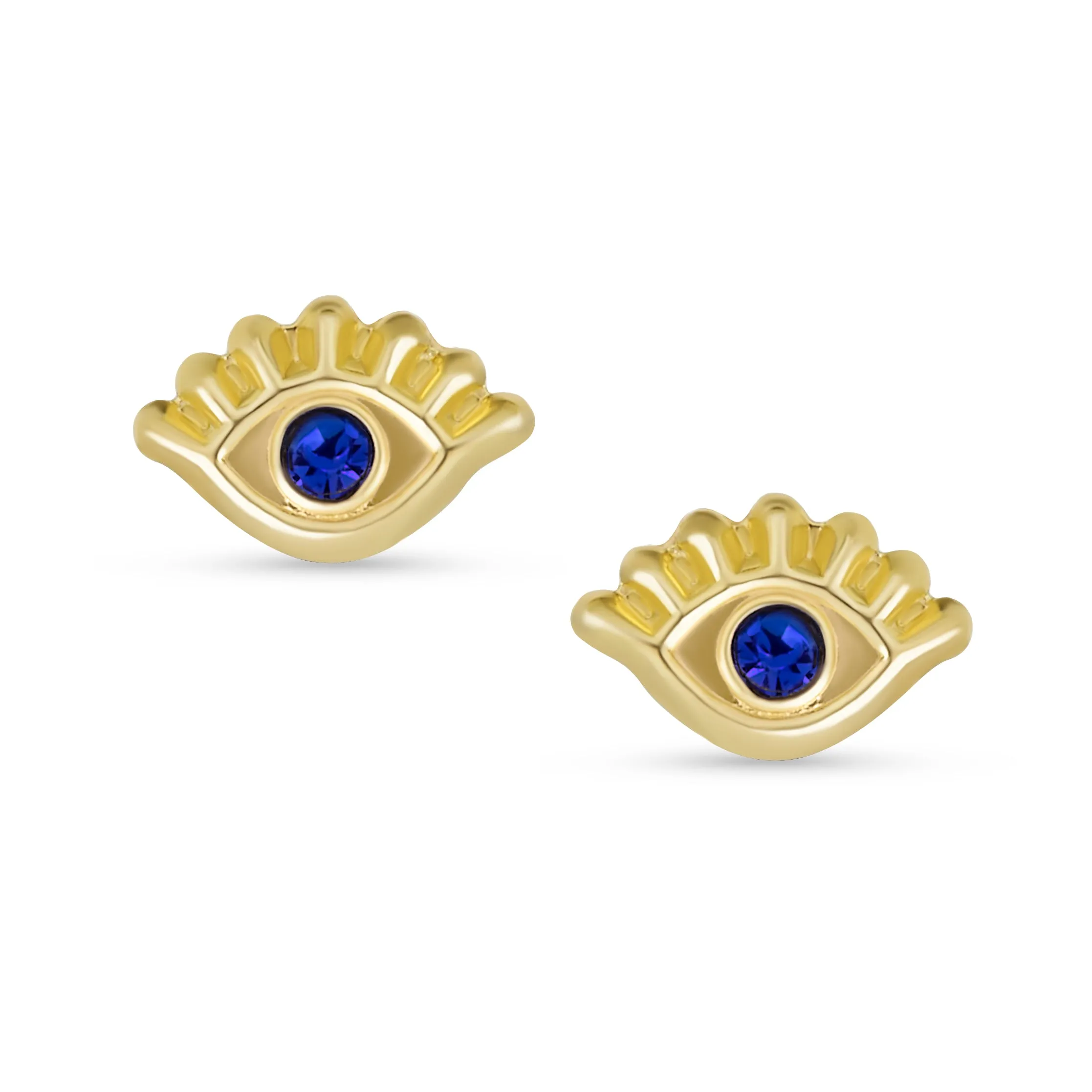 Unisex 10K Gold Blue CZ Evil Eye Stud Earrings for Ear Lobe Cartilage Protection