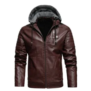 Winter Vegan Leather Biker Jacket with Hood for Men | Ideal for Winter