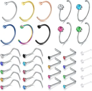 Zolure 18g 20g 22g Nose Rings Nose Studs Surgical Stainless Steel Screw L Shaped Pin Bone Nose Nostrial Piercing Jewerly for Women Men