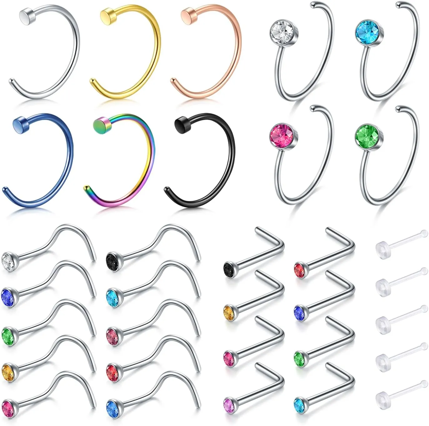 Zolure 18g 20g 22g Nose Rings Nose Studs Surgical Stainless Steel Screw L Shaped Pin Bone Nose Nostrial Piercing Jewerly for Women Men